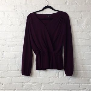 bobeau Plum Faux-Wrap Long Sleeve Blouse